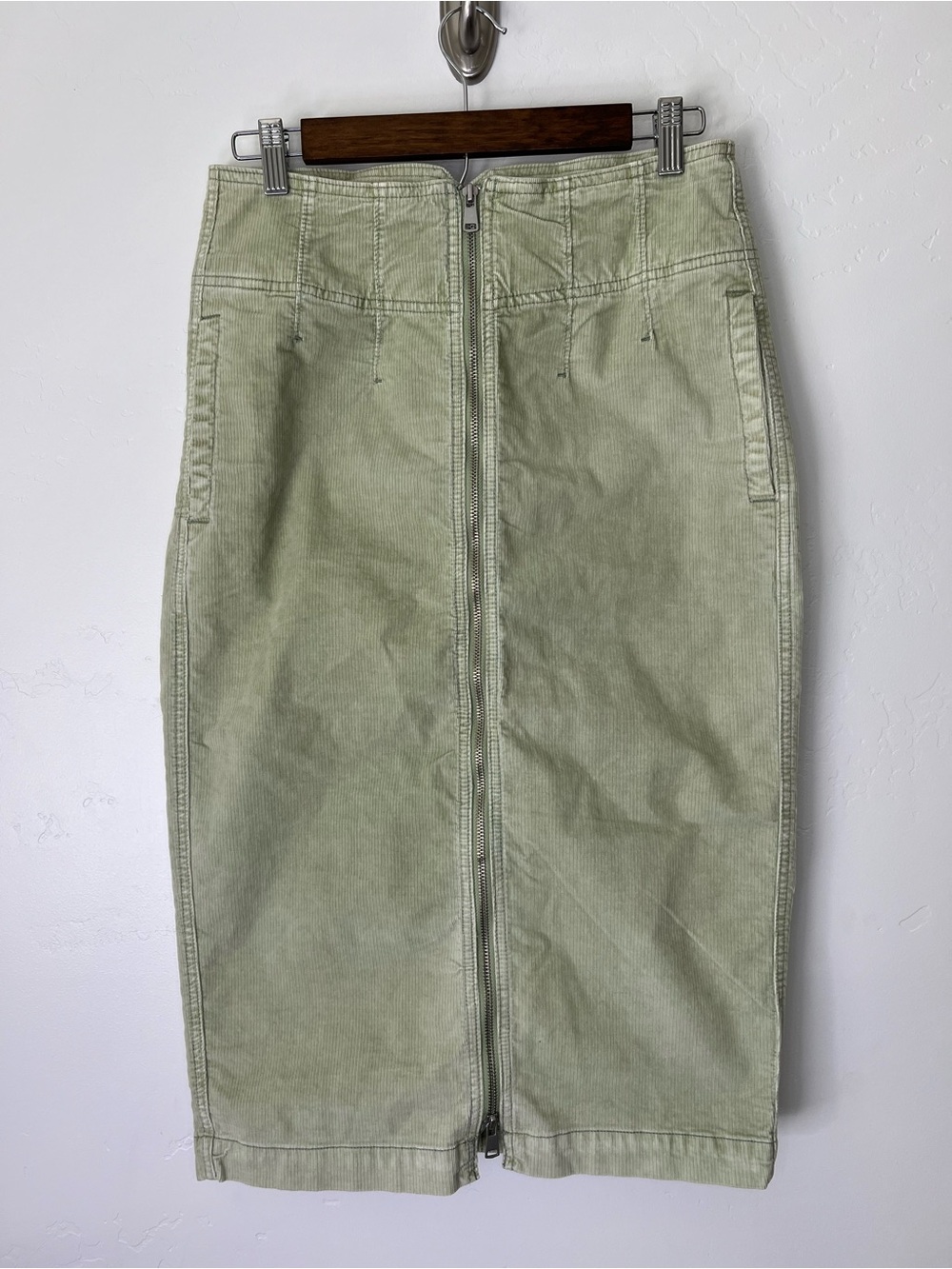 We The Free Moss Green Corduroy Zip-Front Midi Skirt